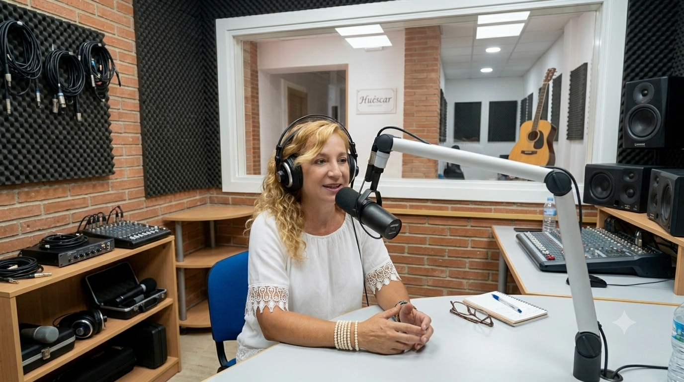 Paqui Moya toma la palabra en el estudio de Huéscar Radio para compartir sus anécdotas